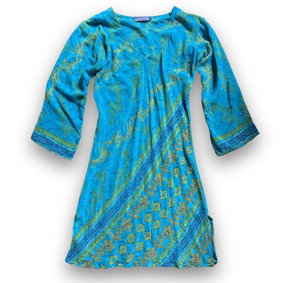 100% Upcycled Silk Indie Ella Embroidered Tunic - Turquoise - OS - Picture 2 of 10